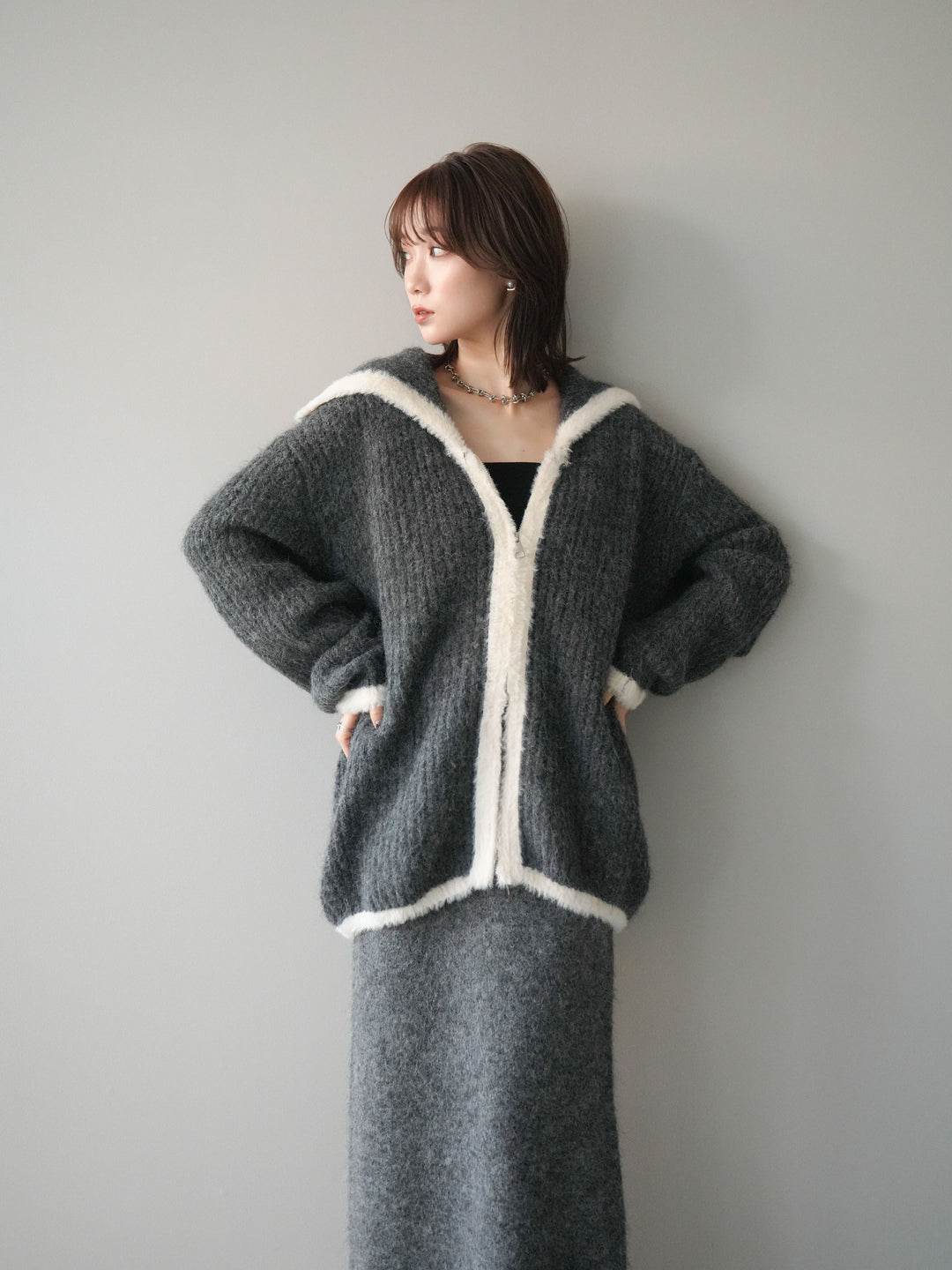 [SET]襟付き配色シャギーニット＆ロングスカートSET UP(2set)