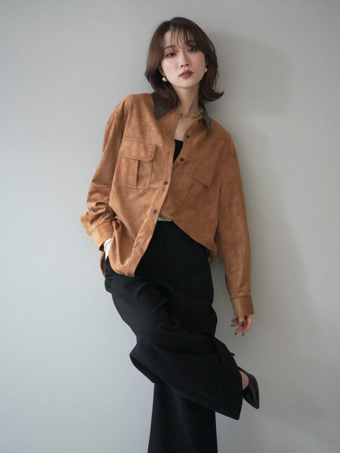 [予約]レザー襟スエードシャツ/camel