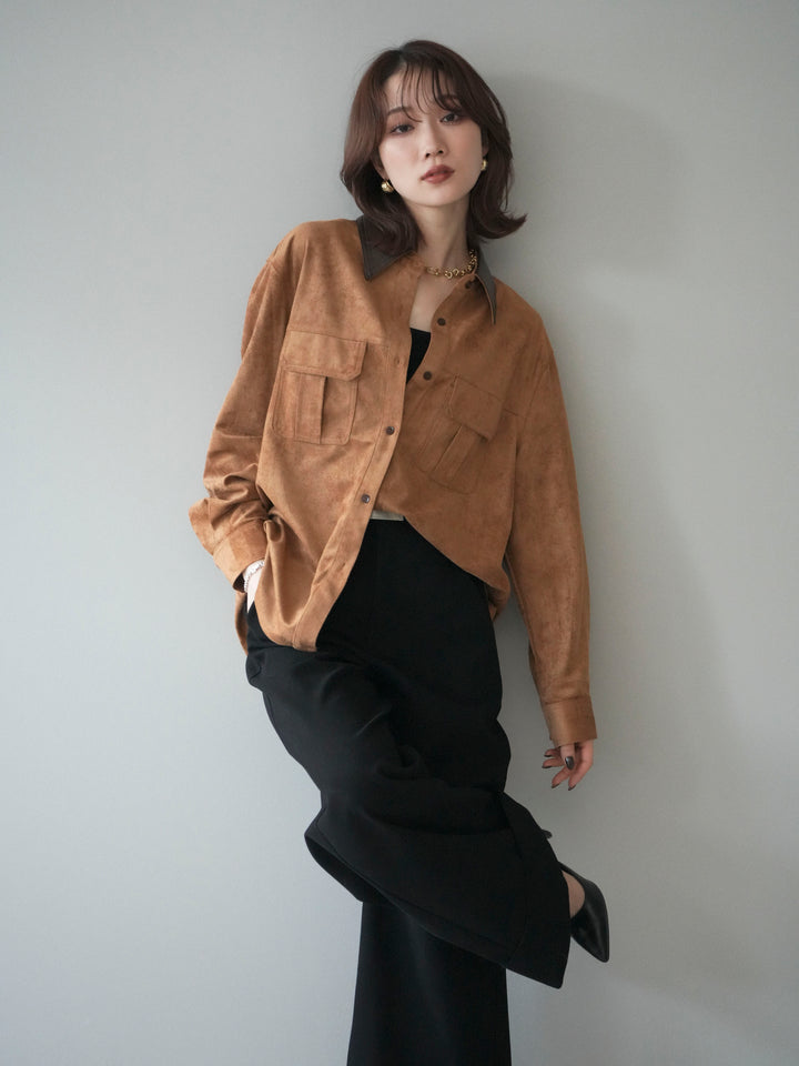 [予約]レザー襟スエードシャツ/camel