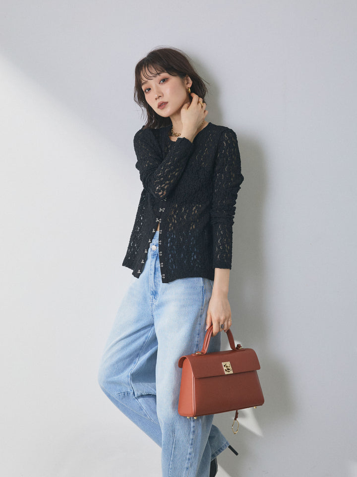 【Allure】[SET]ゴールドボタンニットカーディガン×レースブラウスSET