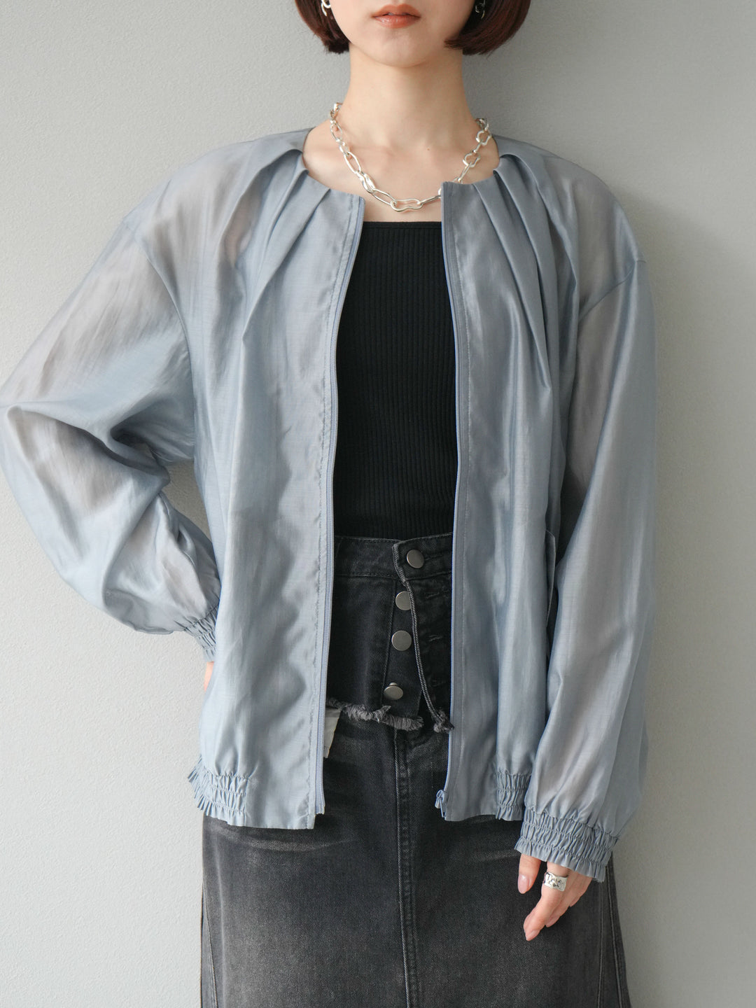【預訂】褶襉設計透視上衣/灰色