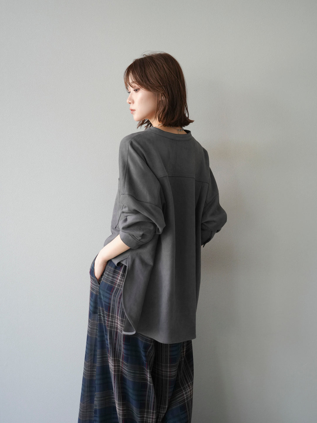 [SET]スエードバンドカラーオーバーシャツ+シアーチェックバギーパンツ(2set)