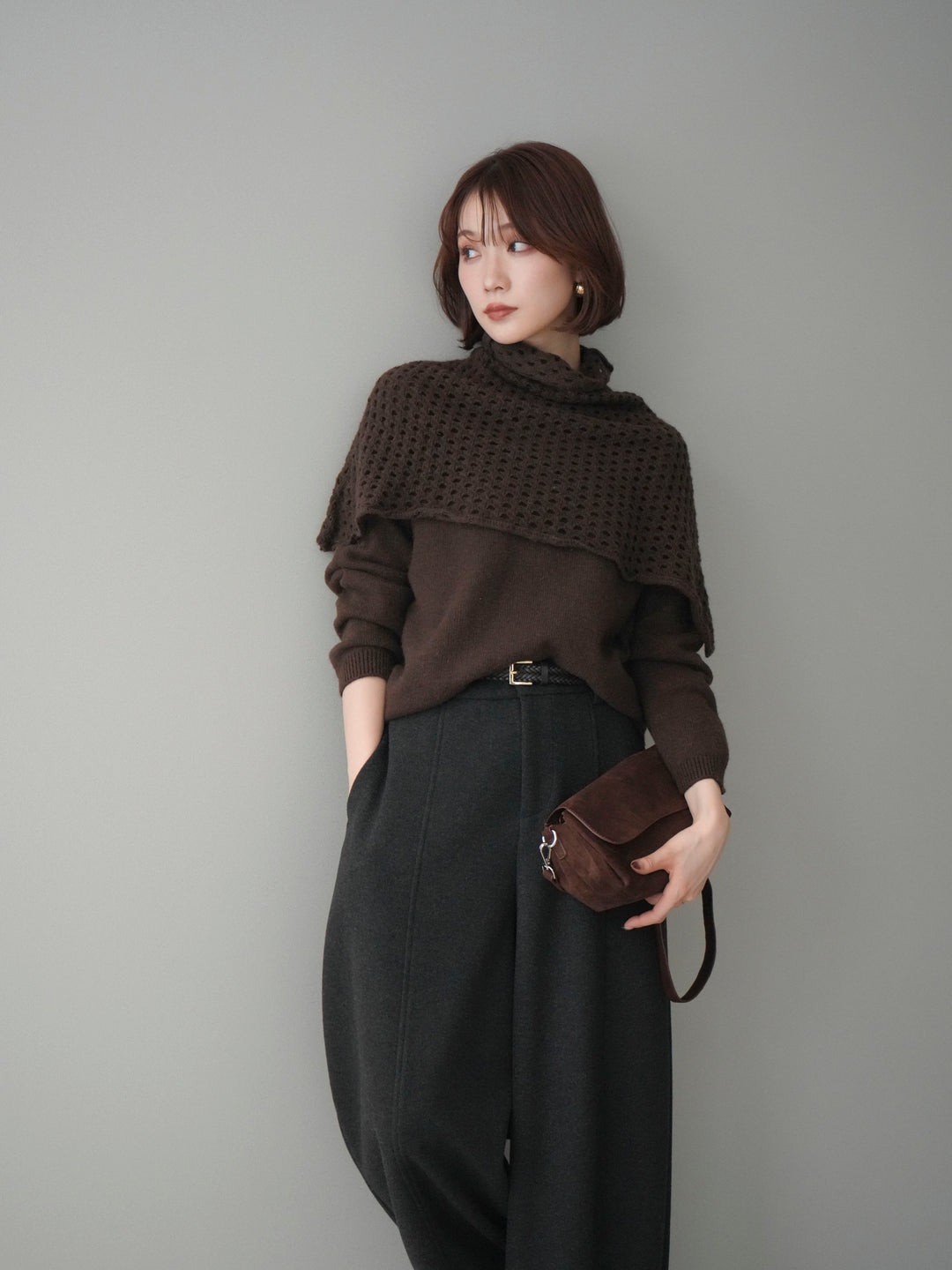 [予約]メッシュケープアンサンブルニットプルオーバー/brown