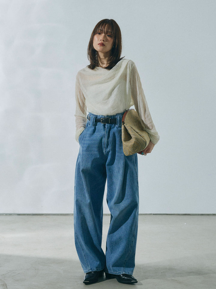 【Allure】[SET]ストレッチレースドレープトップス+ハイウエストベルトループデザインデニムパンツ(2set)