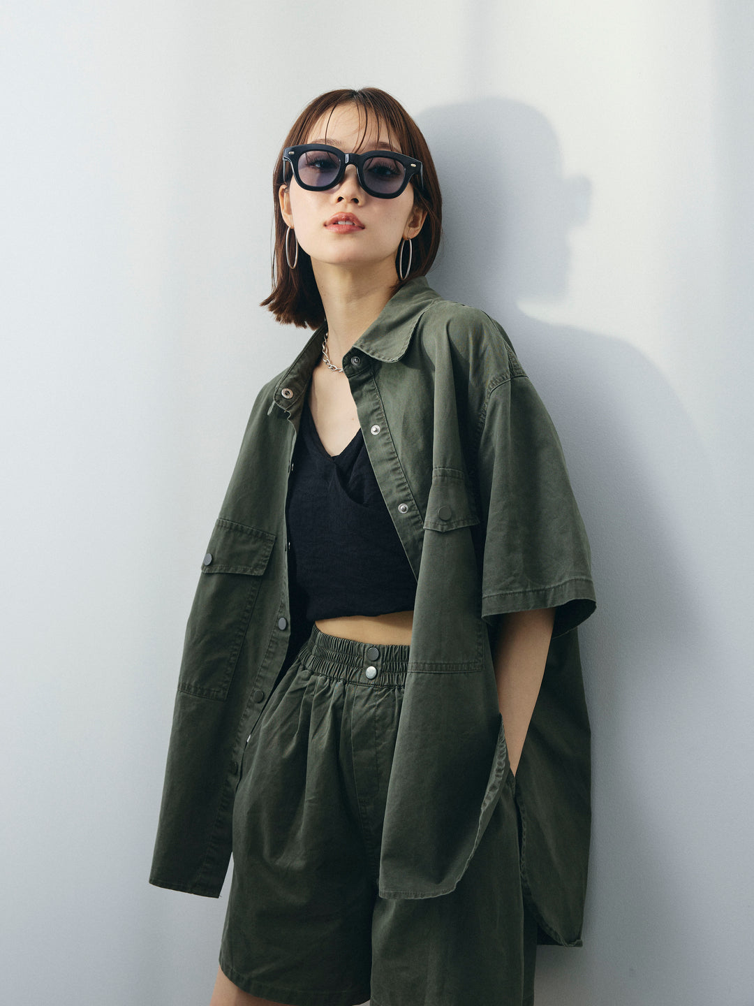 [SET]ミリタリーオーバーシャツ＆ハーフパンツSET UP+リネンライクカシュクールデザインビスチェ(2set)