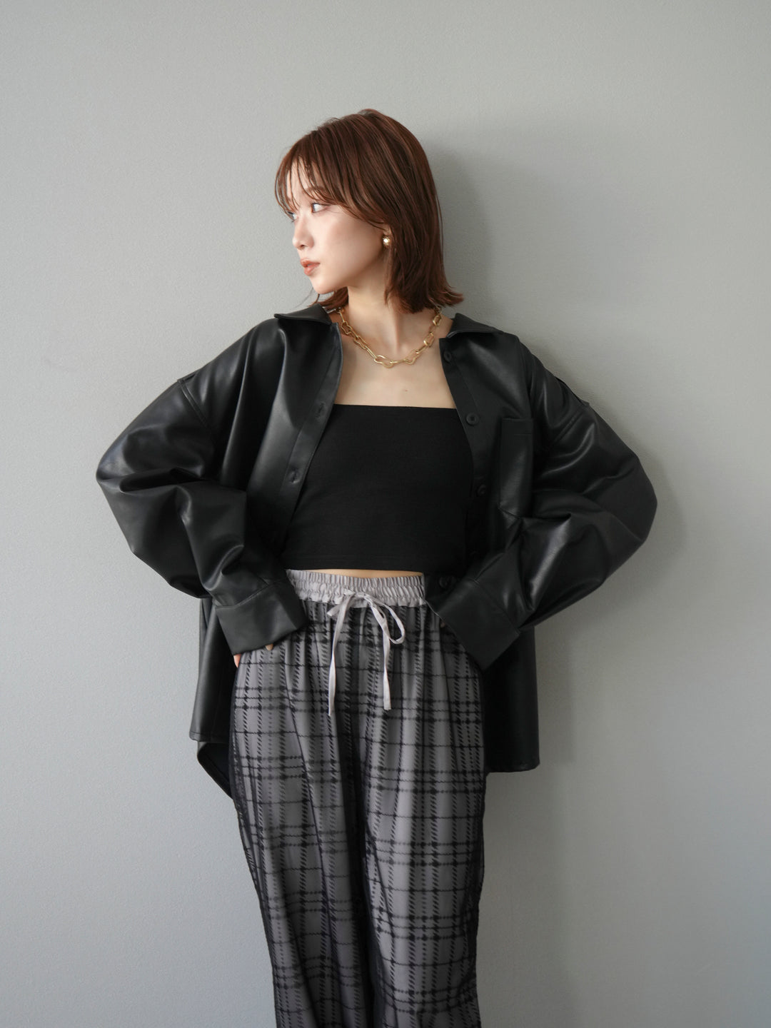 [予約]フェイクレザーシャツ/ブラック