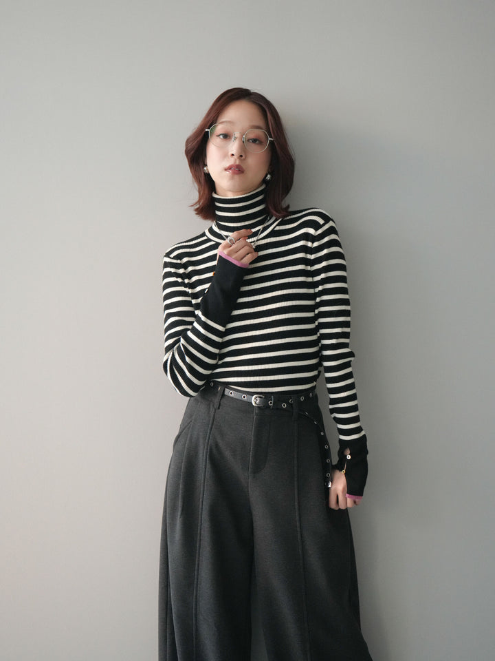 [SET]袖配色ハイネックボーダーリブニットトップス+ベルト付き裏起毛ワイドパンツ(2set)
