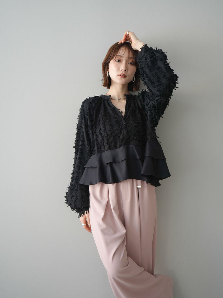 [SET]ジャガードぺプラムフリルブラウス+ジャガードぺプラムフリルブラウス(2set)