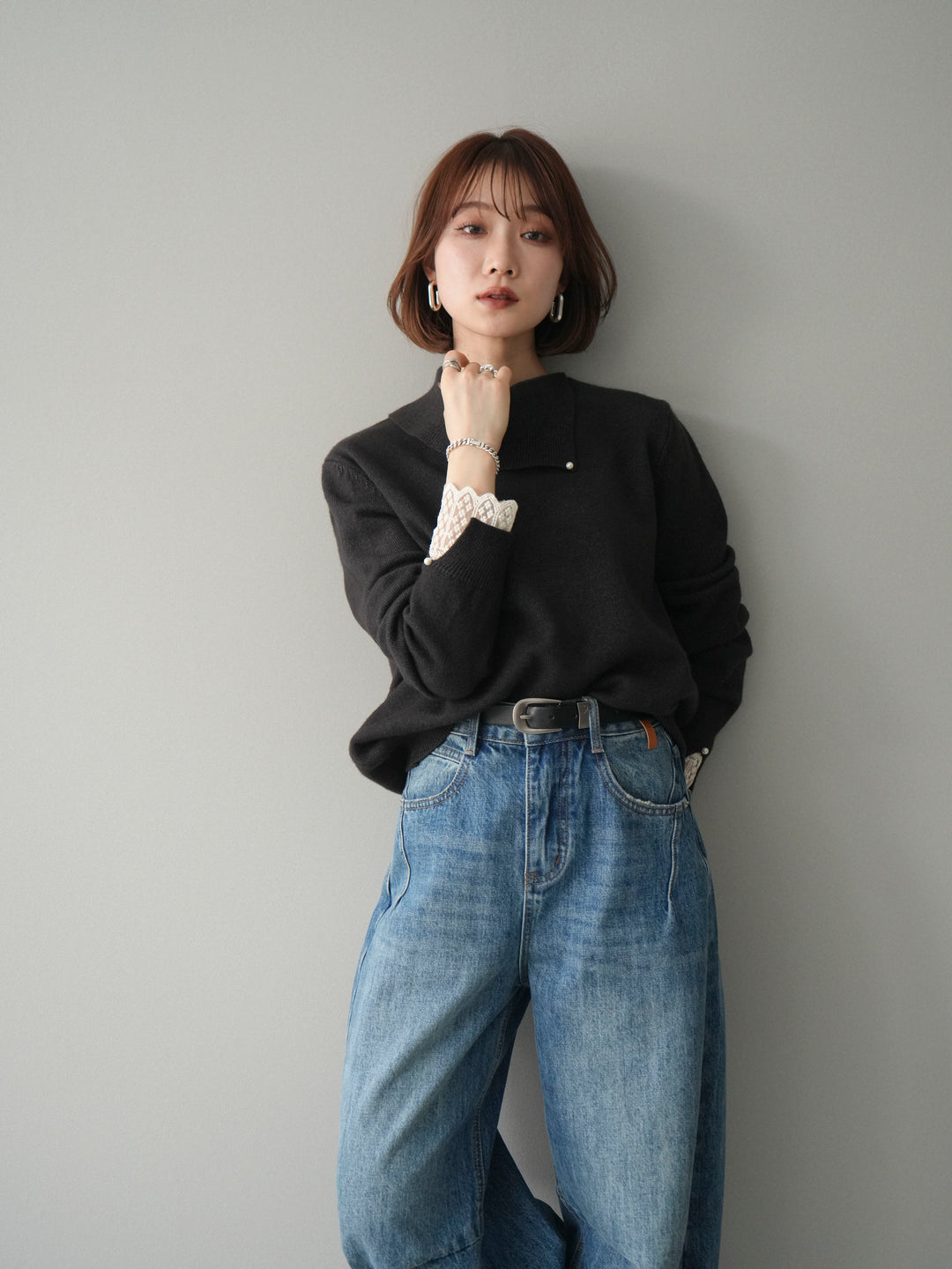 [予約]袖レースパール付き配色ニットトップス/darkbrown