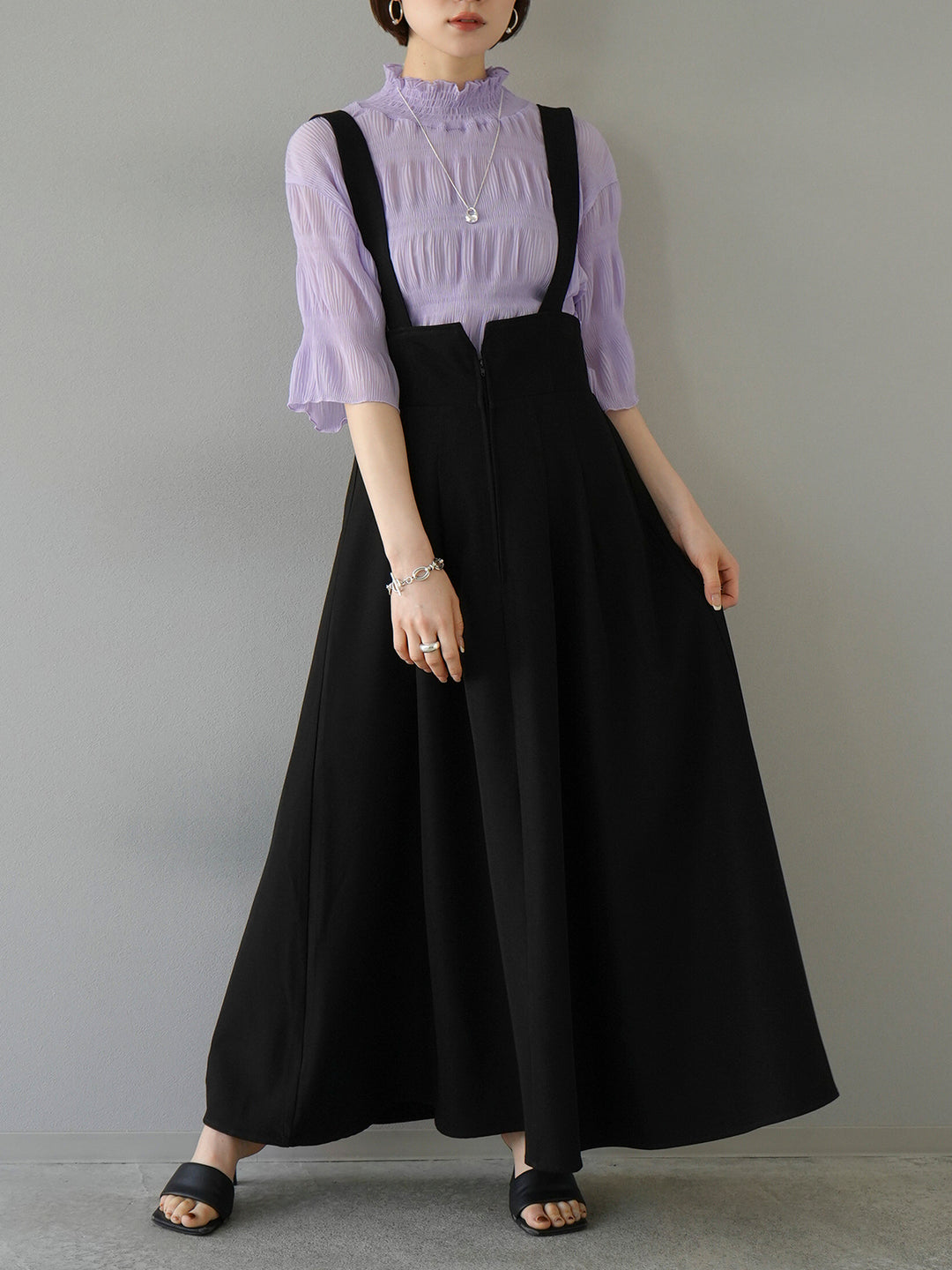 [SET] Shirring chiffon half sleeve blouse + 2WAY flare jumper skirt (2set)