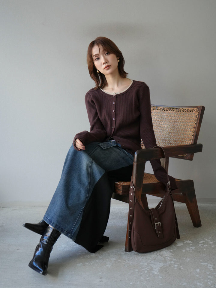 [予約]レイヤード配色ニットカーディガン/ブラウン