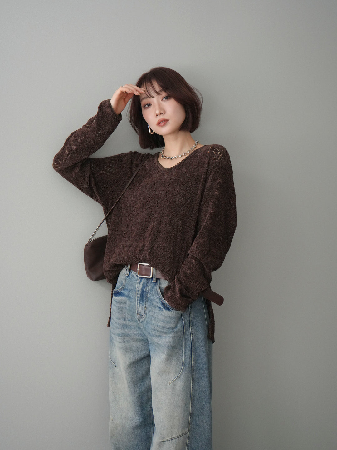 [予約]モール透かし編みニットトップス/brown