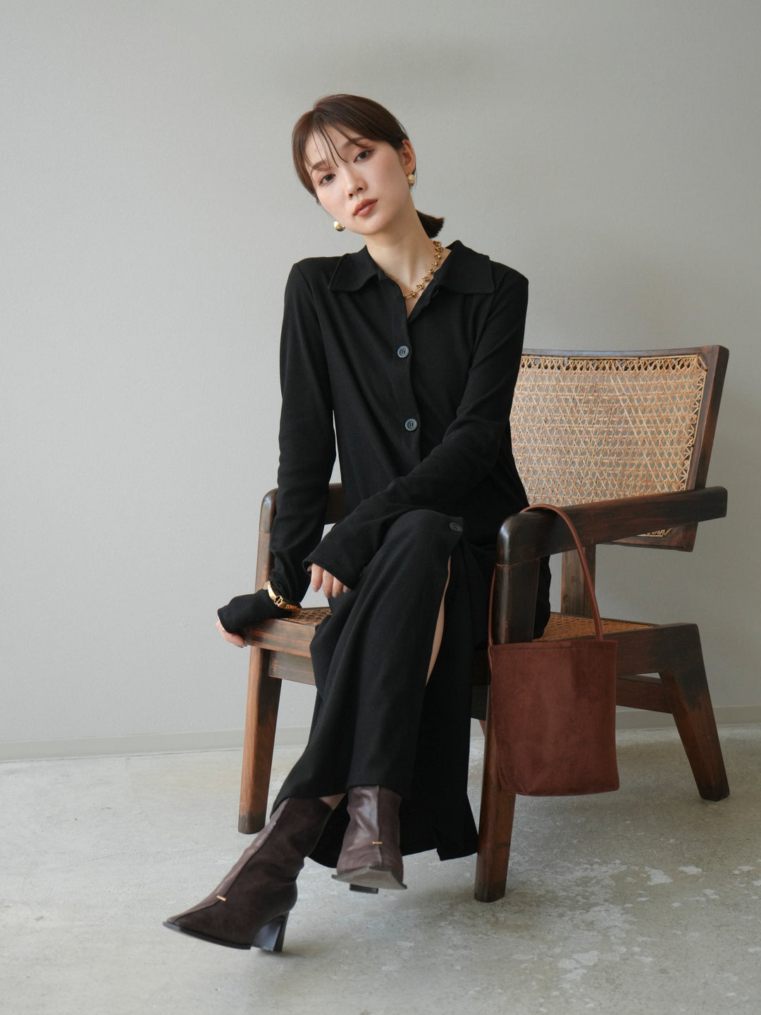 [予約]襟付きカットリブボタンワンピース/ブラック