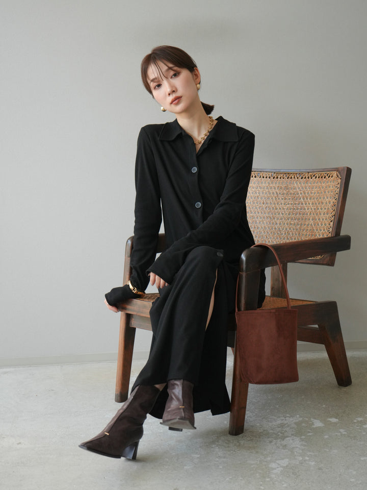 [予約]襟付きカットリブボタンワンピース/ブラック