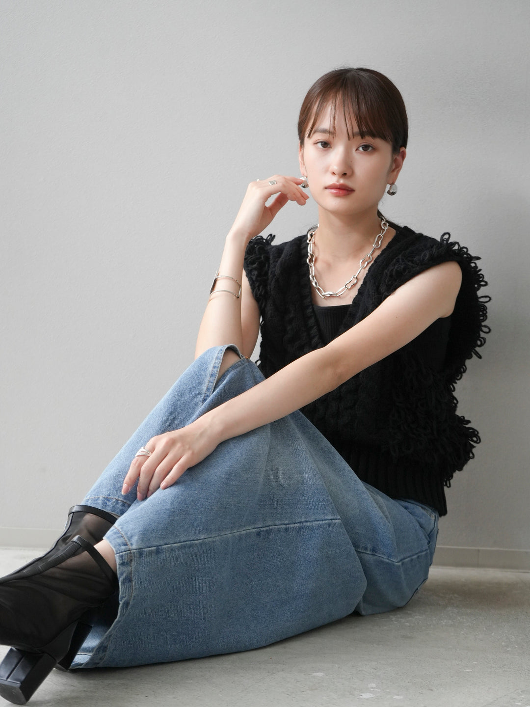 [予約]ループミックス編みニットベスト/ブラック