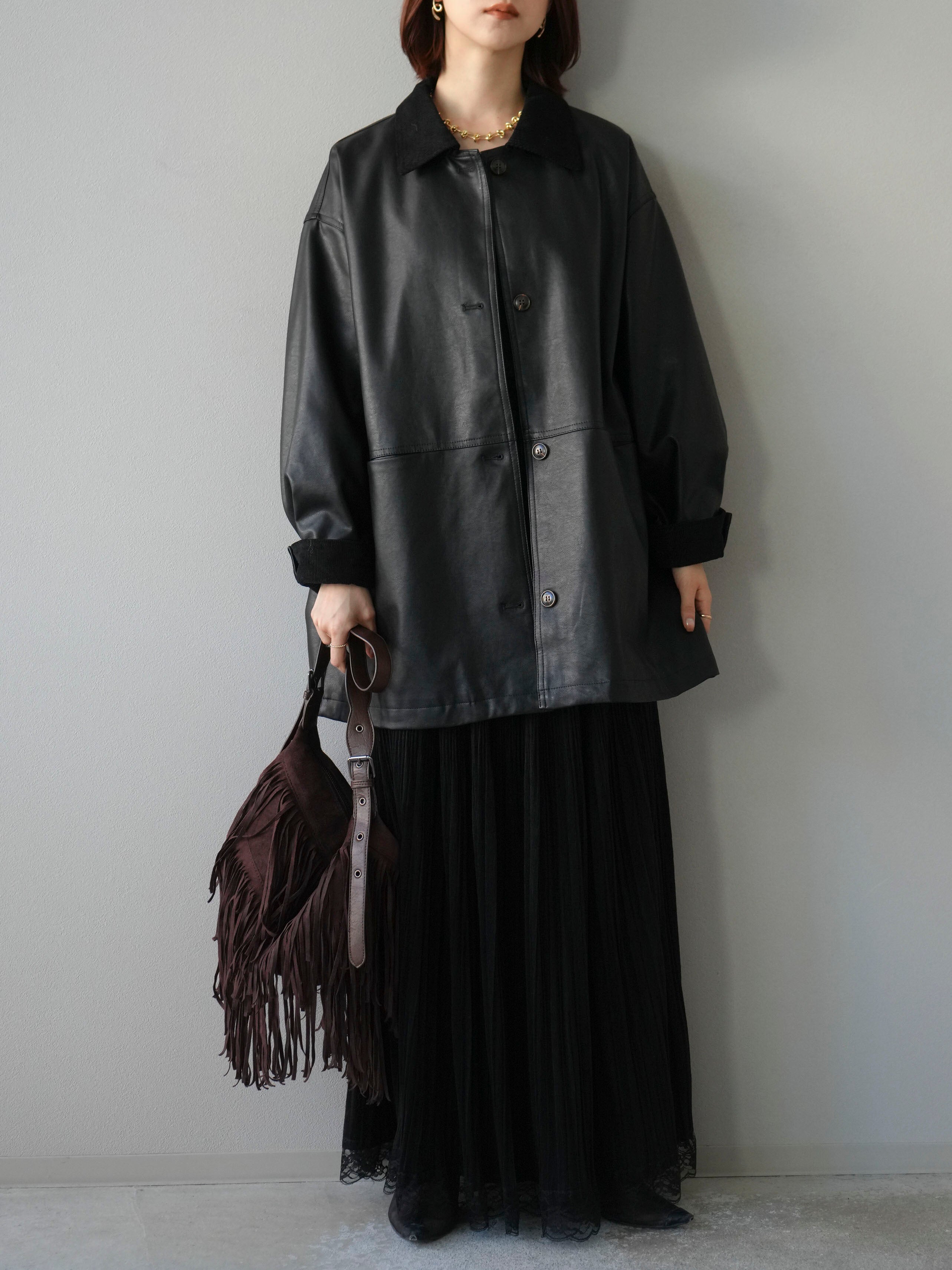 予約]コーデュロイ襟レザーステンカラージャケット/ブラック – Lumier