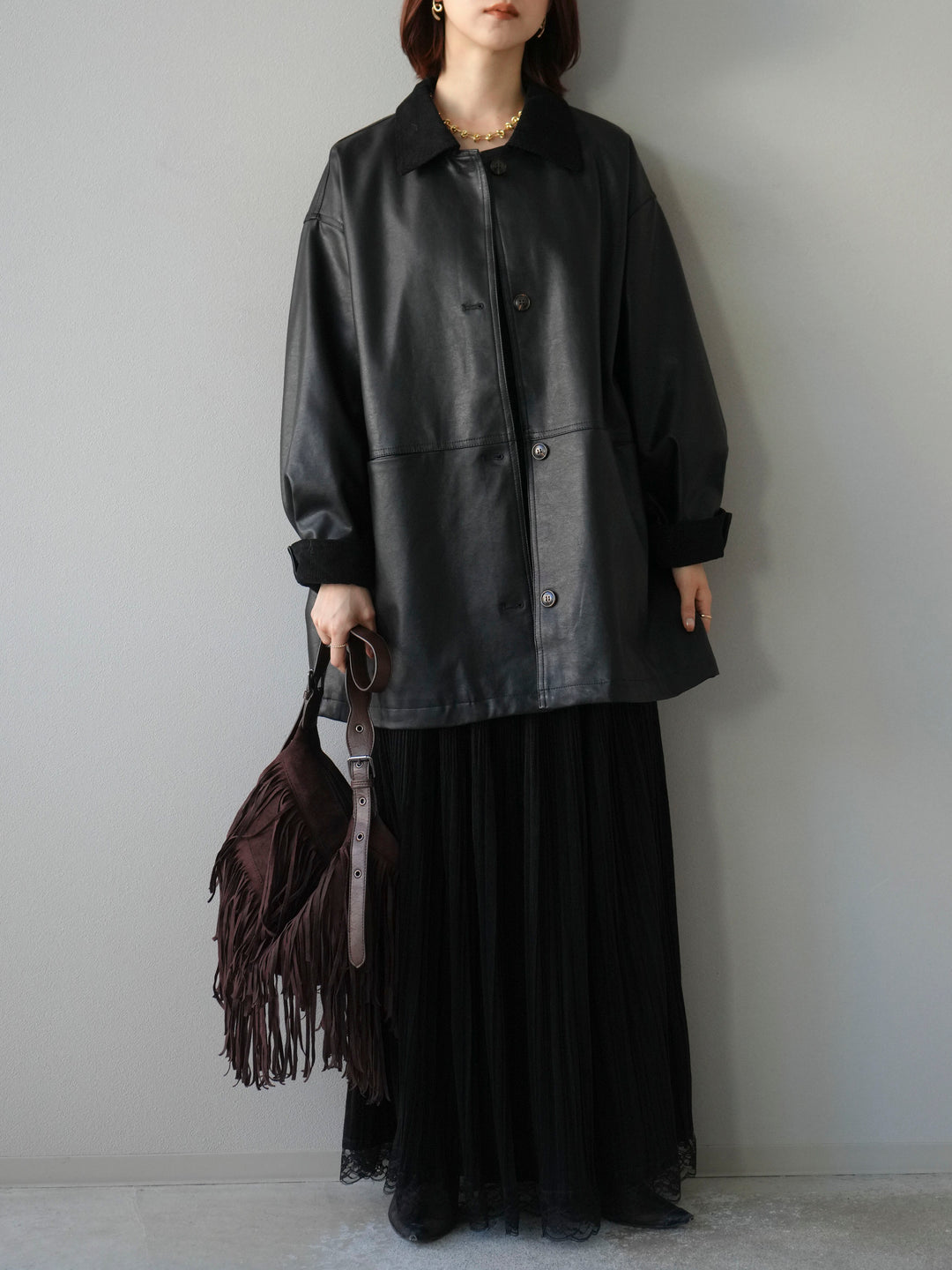 [予約]コーデュロイ襟レザーステンカラージャケット/ブラック