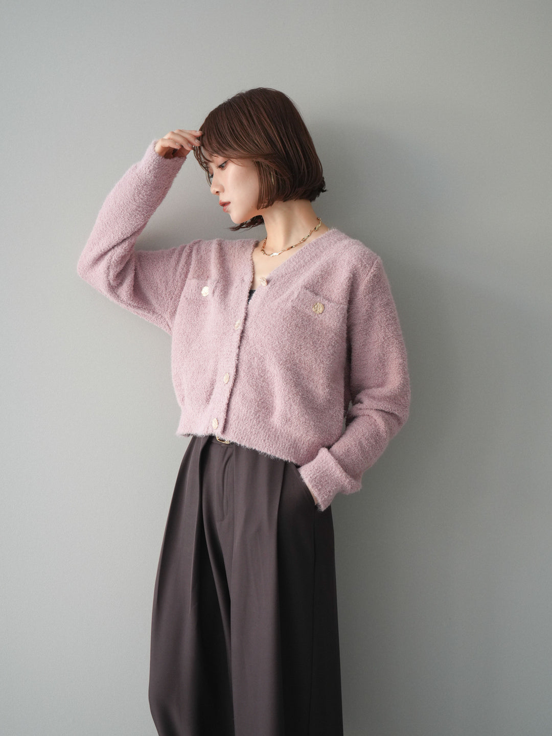 [SET]ゴールドボタンモールニットカーディガン+ベルトループデザインワイドパンツ(2set)