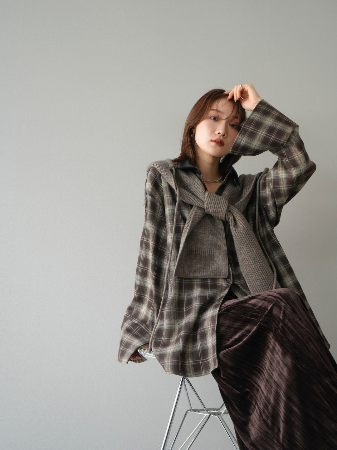 [予約]レザー襟オンブレチェックオーバーシャツ /ブラウン