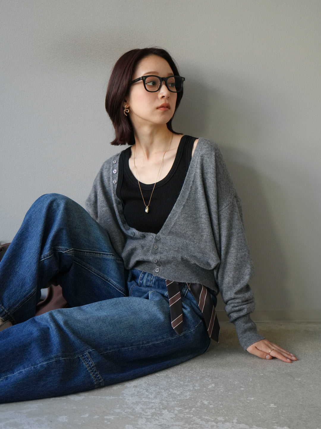 [予約]デザインボタンニットカーディガン＆タンクトップSET/グレー