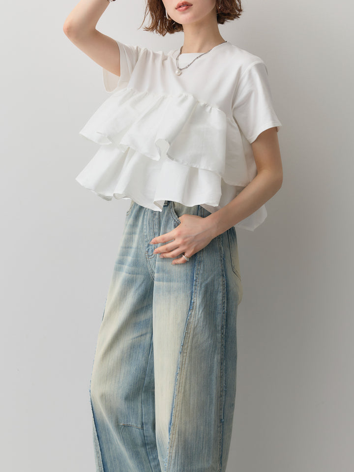 [SET]フリルティアードTEE+縦ウォッシュワイドデニムパンツ(2set)