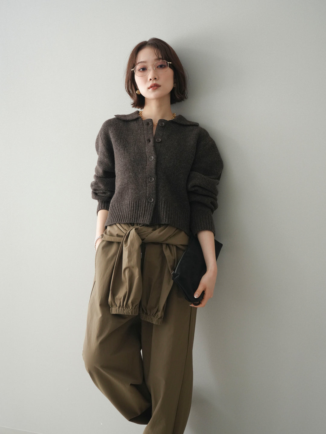 [予約]メランジニット襟付きクロップドカーディガン/brown