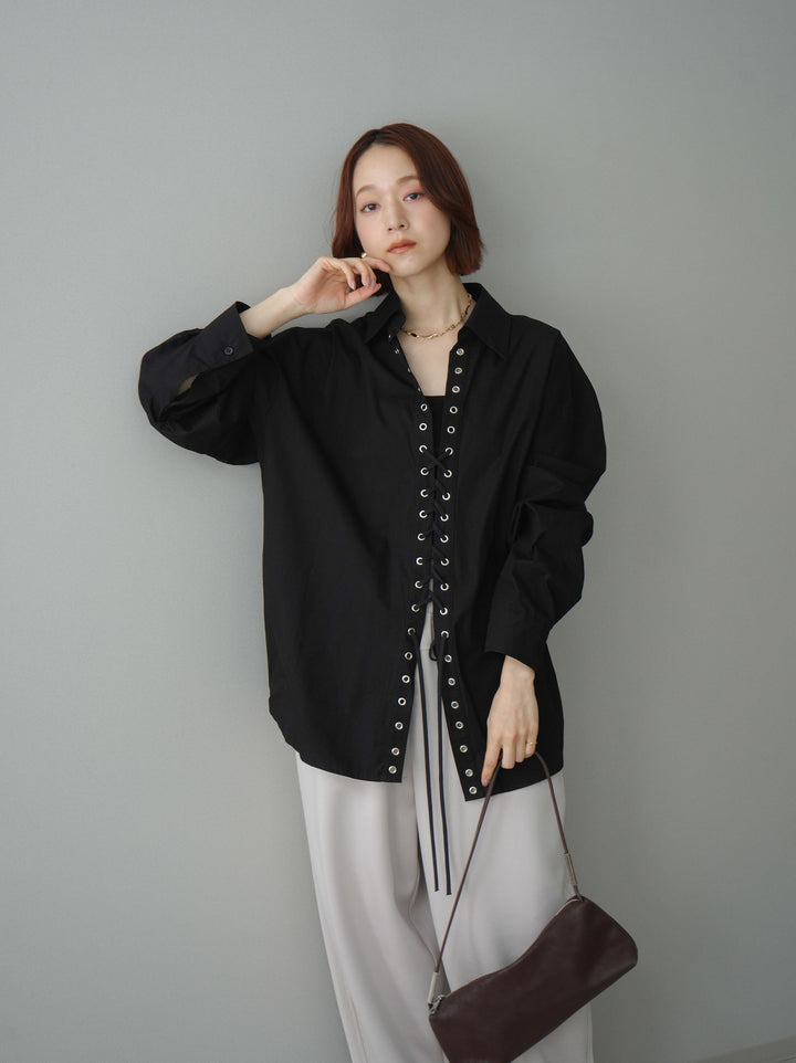 [SET]レースアップブロードシャツ+バイカラー異素材サイドラインライトポンチパンツ(2set)