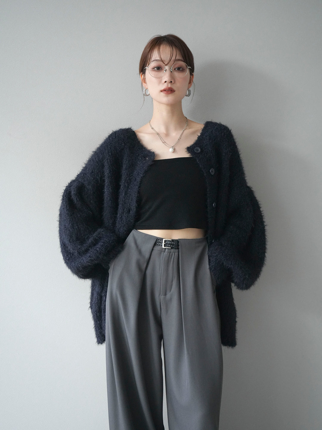 [SET]クルーネックランダムシャギーカーディガン+ベルトループデザインワイドパンツ(2set)