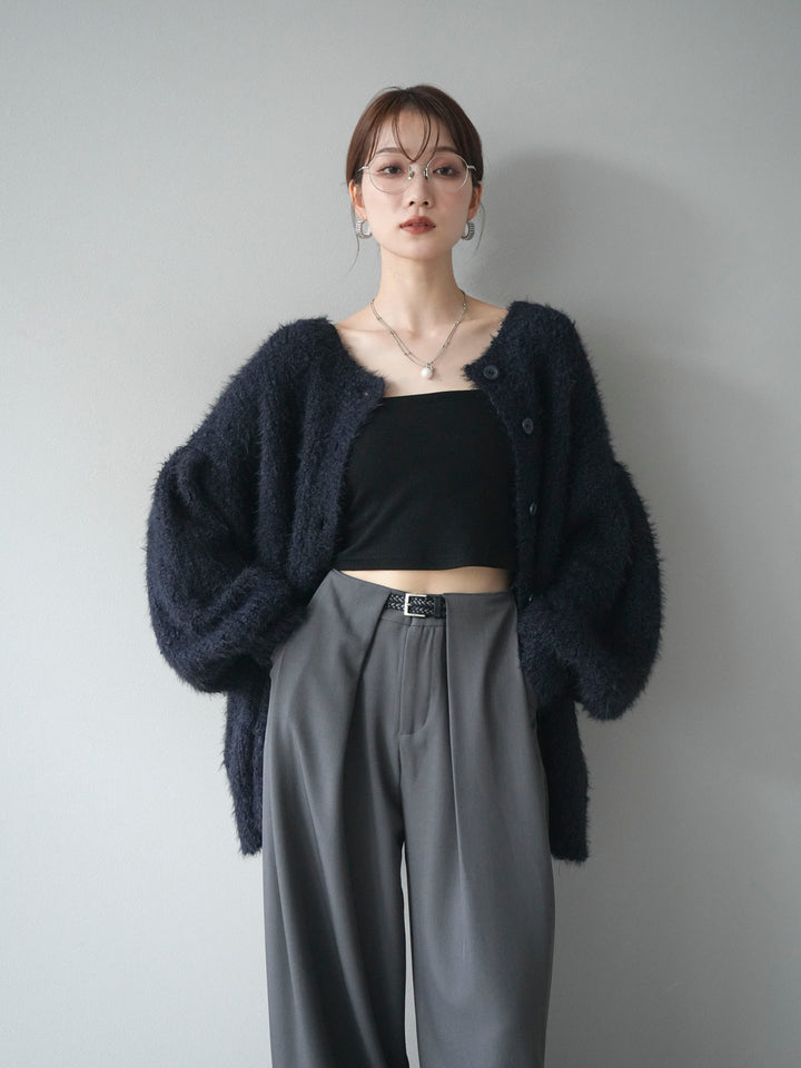 [SET]クルーネックランダムシャギーカーディガン+ベルトループデザインワイドパンツ(2set)