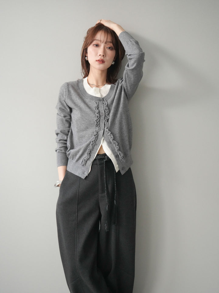 [予約]配色レイヤードフリルデザインニットカーディガン/gray