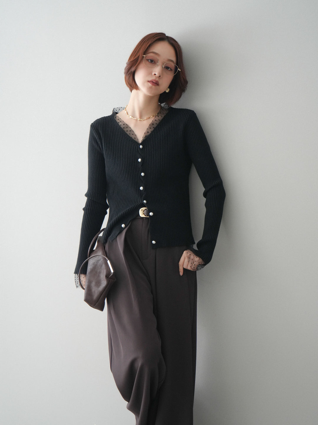 [予約]チュールドッキングパールボタンニットカーディガン/black
