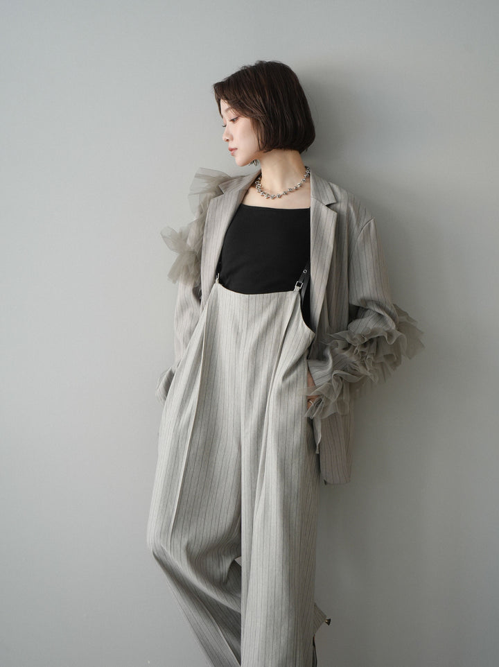 [予約]アシンメトリーチュールストライプジャケット/greige