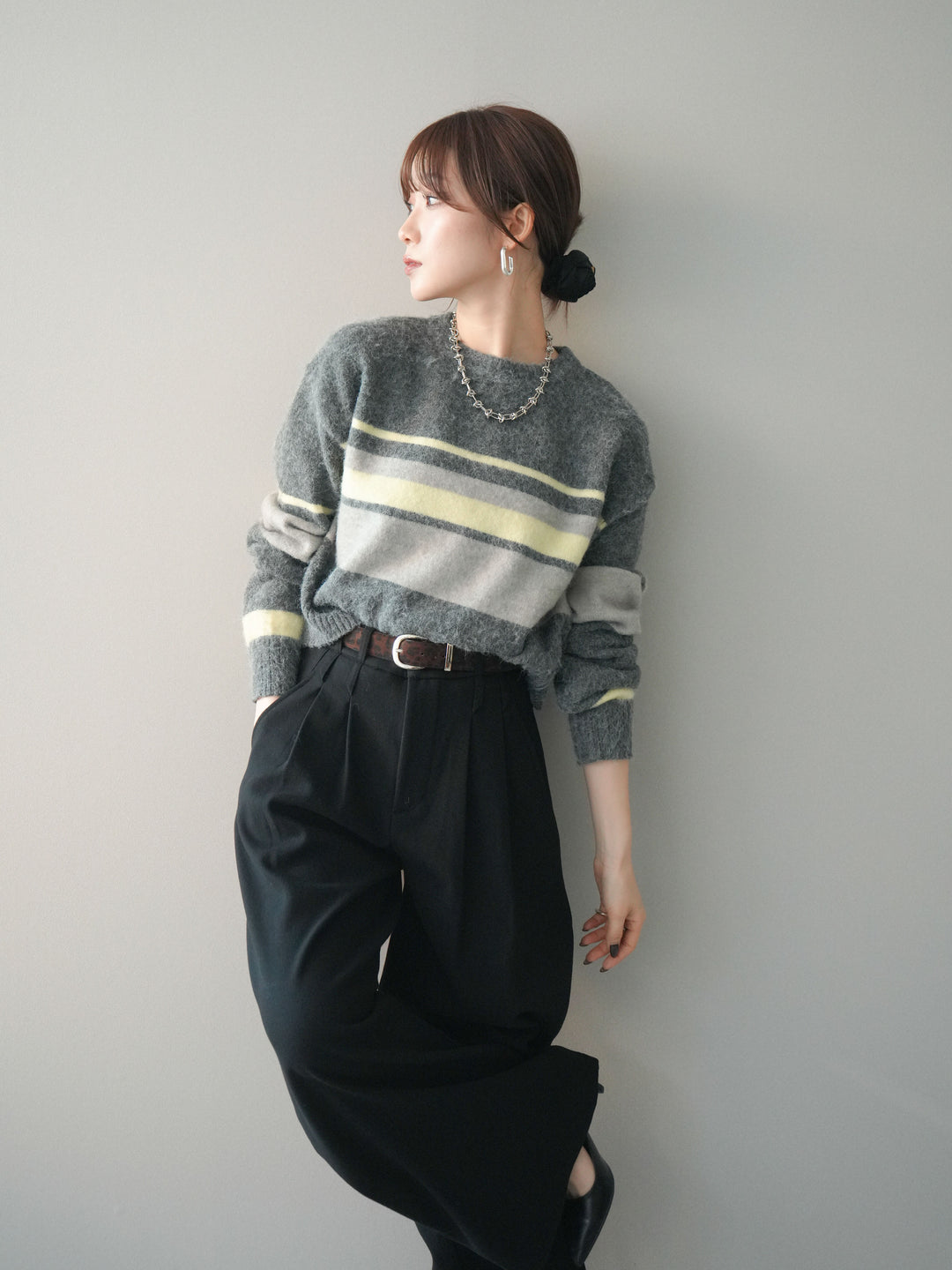 [SET]ソフトタッチボーダークロップドニットプルオーバー+ソフトタッチボーダークロップドニットプルオーバー(2set)