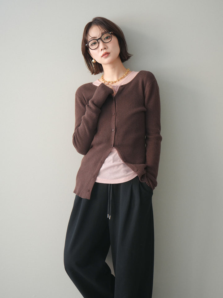 [予約]前後2WAYリブ編みクルーネックカーディガン/darkbrown