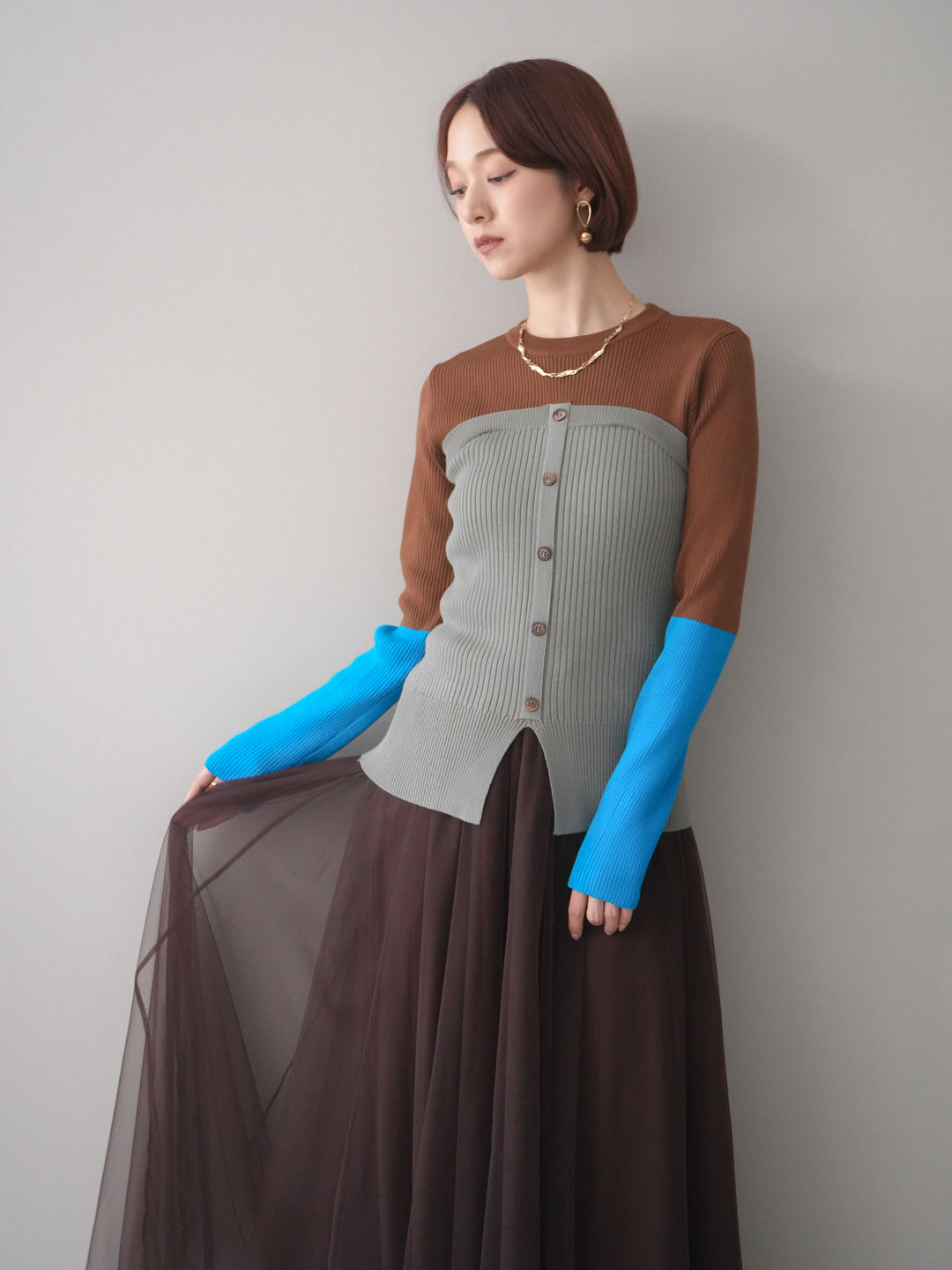 [SET]配色ビスチェドッキングリブニットトップス+選べるアクセセット(2set)