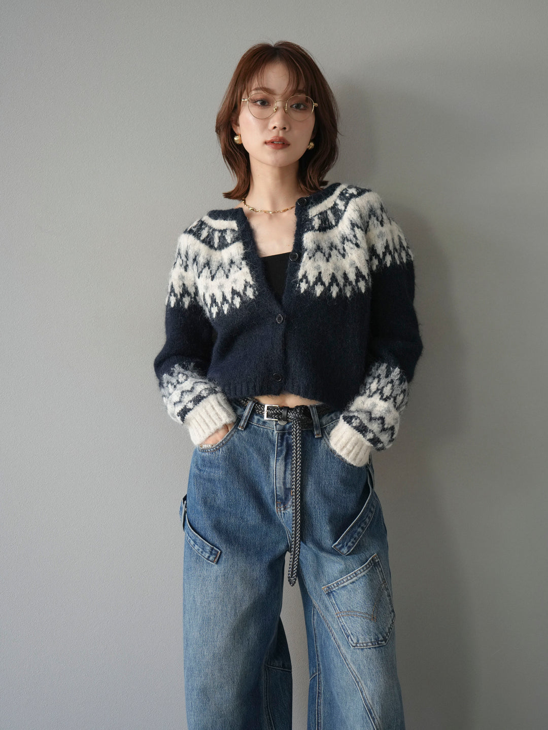 【着回しセット】[SET]求心柄クロップドニットカーディガン+ミックスヤーンペイズリー柄ニットカーディガン+ペインターカーブデニムパンツ(3set)