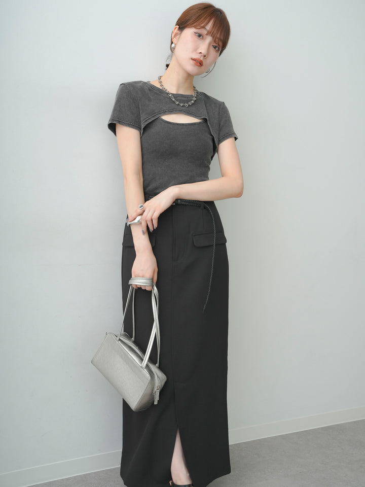 [SET]フロントオープンレイヤードトップスセット+クレープデシンフラップ付きストレートスカート(2set)