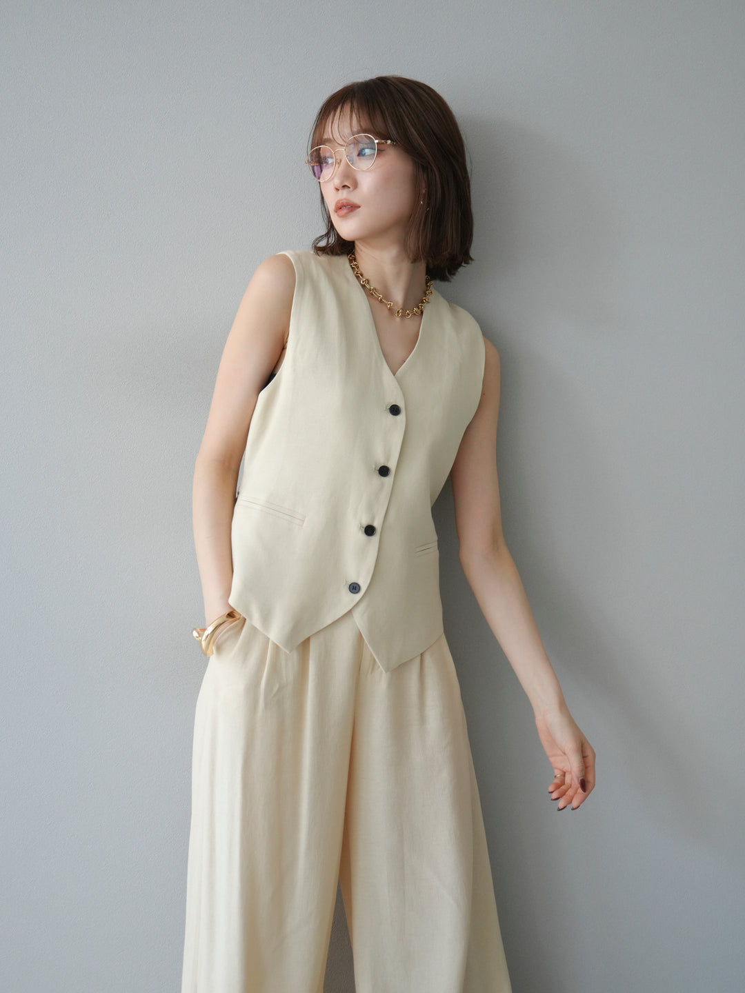 [SET]Vネックジレ＆ワイドパンツSET UP(2set)