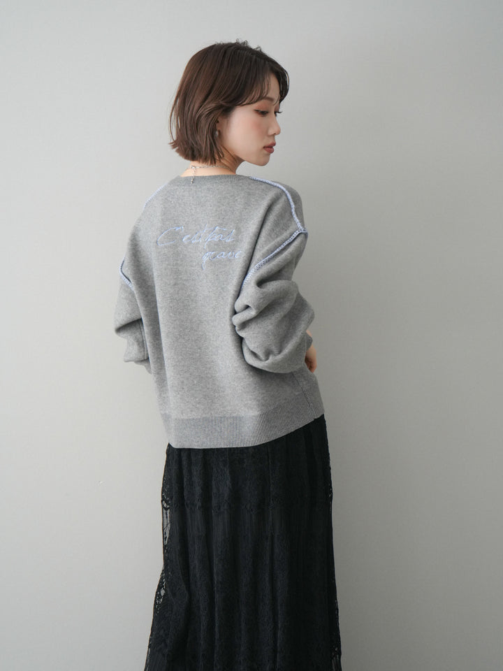 [予約]バックロゴ刺繍配色ステッチニットプルオーバー/gray