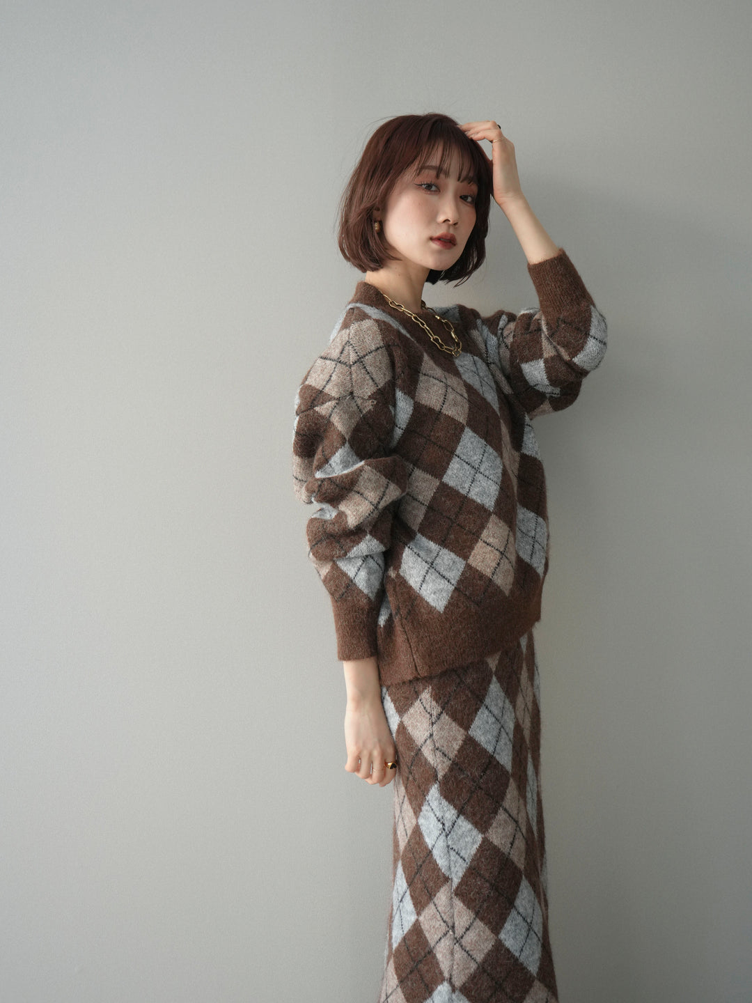 [SET]アーガイルニットプルオーバー&ロングスカートSET UP+選べるアクセセット(2set)