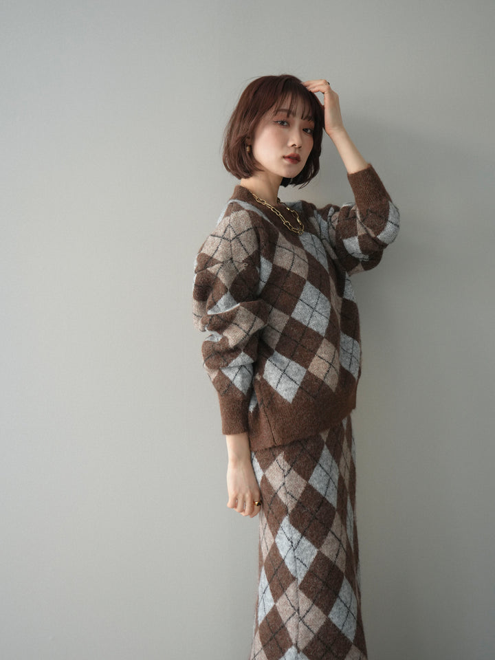 [SET]アーガイルニットプルオーバー&ロングスカートSET UP+選べるアクセセット(2set)