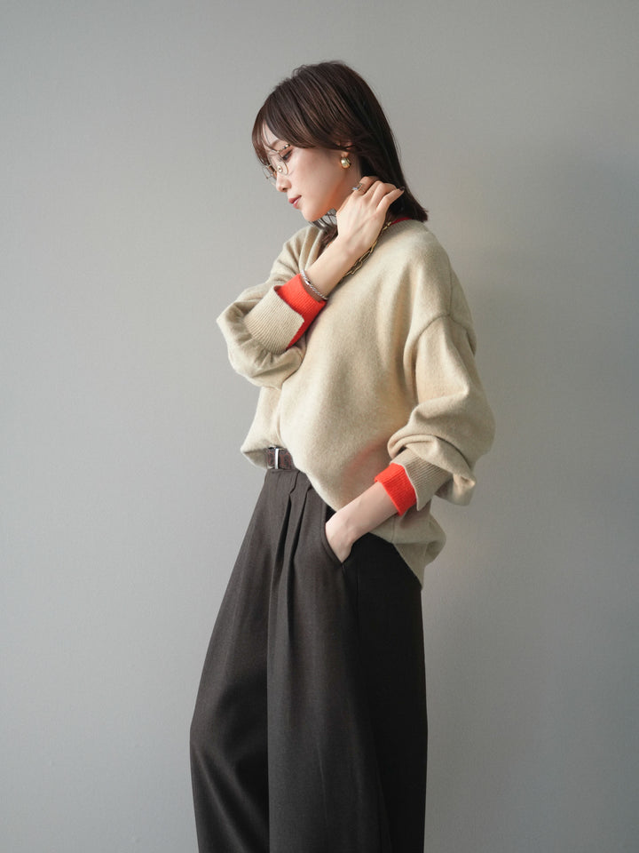 [予約]ヘンリーネック配色レイヤードニットプルオーバー/beige