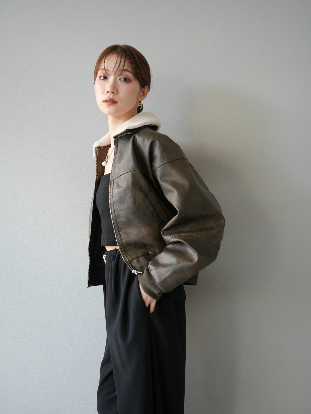 [予約]襟ボアヴィンテージレザーブルゾン/ブラウン