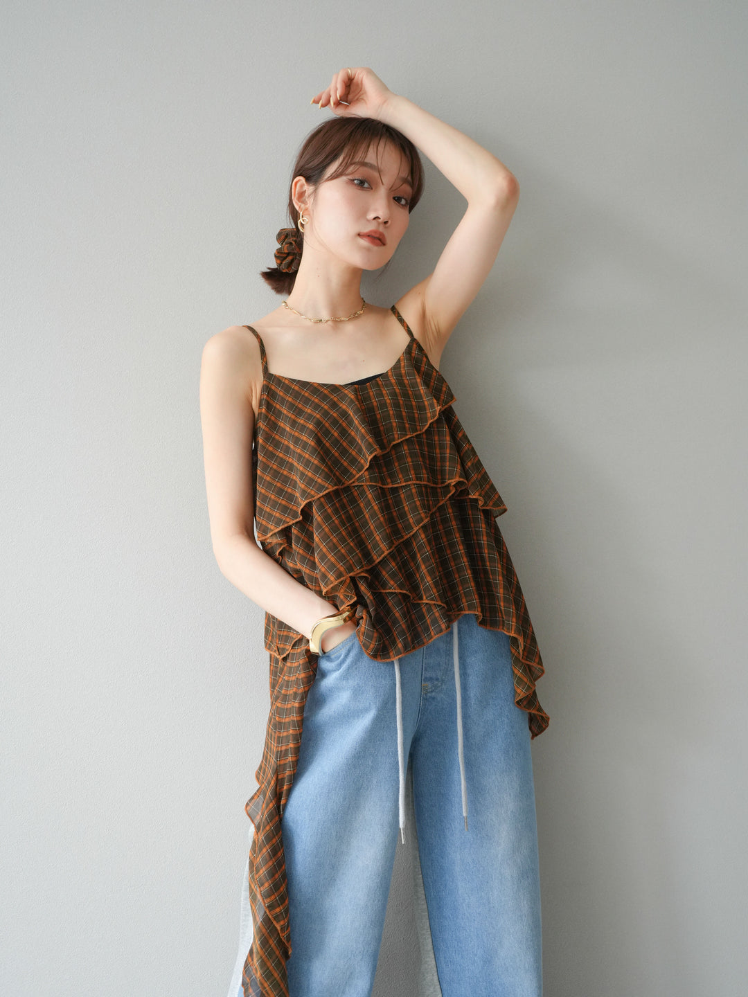 [予約]チェック柄ラッフルキャミソール/ブラウン