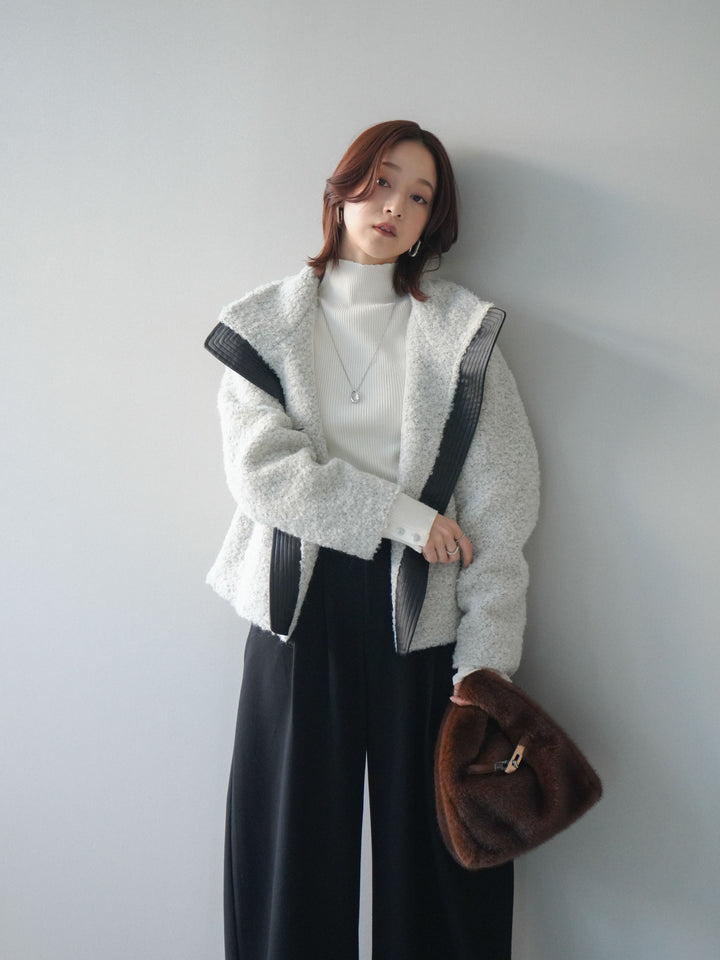 [SET]レザー切替ブークレブルゾン+袖ボタンボトルネックリブニットトップス+アニマル柄ベルト付きウールタッチワイドパンツ(3set)