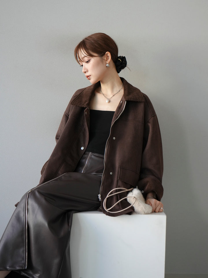 [予約]コーデュロイ襟スウェードミドルジャケット /ブラウン