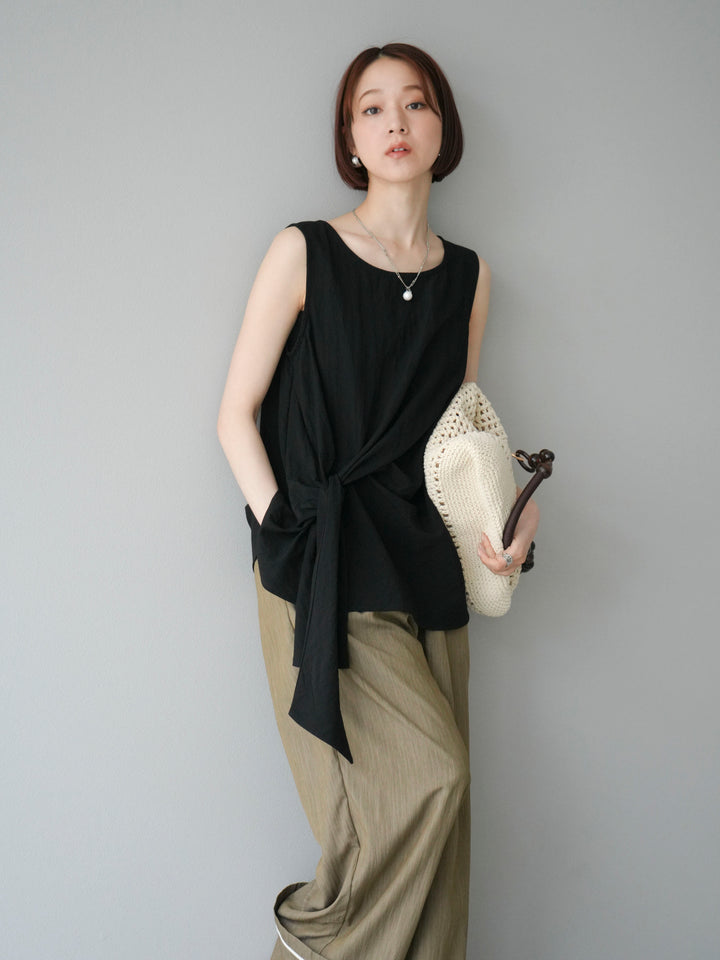 [SET] 前裹式無袖上衣+麻質下擺回型寬褲（2件組）