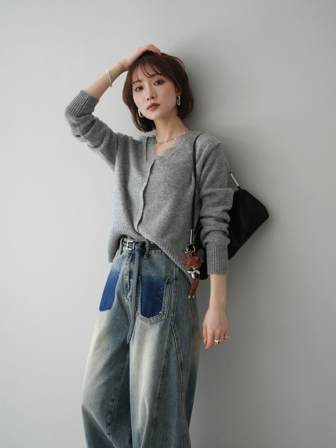 [SET]レースネックニットカーディガン+染めデザインポケットデニムパンツ(2set)