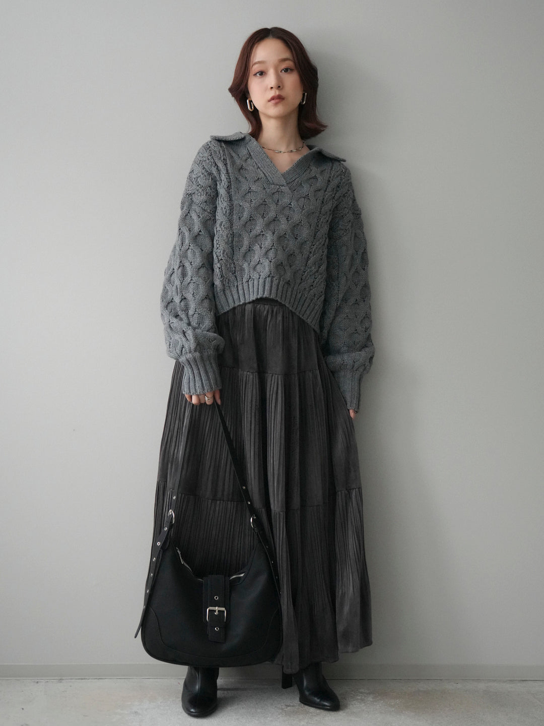 [SET]バルキーケーブルクロップド開襟プルオーバー+ベロアティアードワッシャースカート(2set)