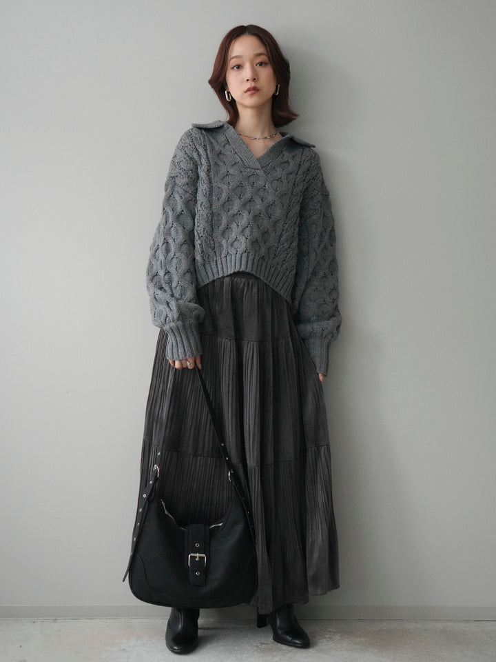 [SET]バルキーケーブルクロップド開襟プルオーバー+ベロアティアードワッシャースカート(2set)